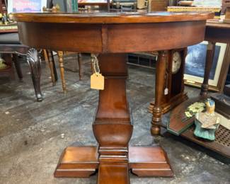 Solid wood round side table with unique chunky base 