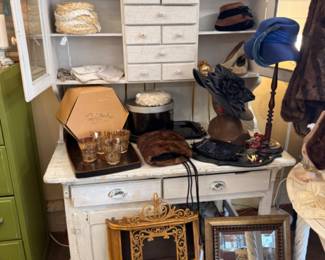 hutch, mirrors, vintage hats