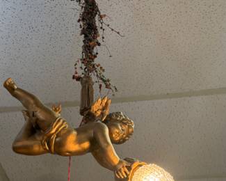 Antique French Cherub Hanging Lamp in circa 1910-1915 with Victorian Bulb cover to soften light 