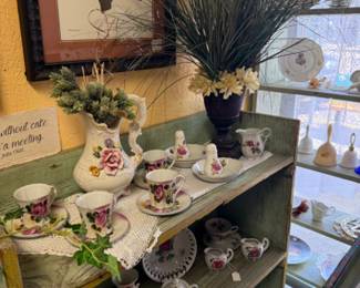 tea cups, bird prints, vintage pitcher and dishes
