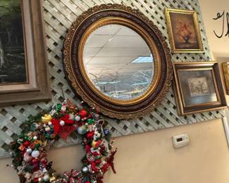 Vintage Christmas wreath, round mirror framed art, large oil painting