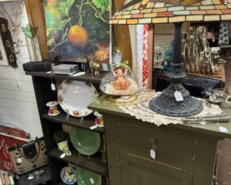 gorgeous tiffany style antique lamp,  green cabinet, fall painting
