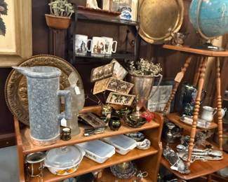 small antique table, globe, pitcher, lamp, decor