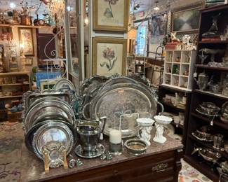 Beautiful silver platters and serving trays, vintage dresser, vintage framed prints