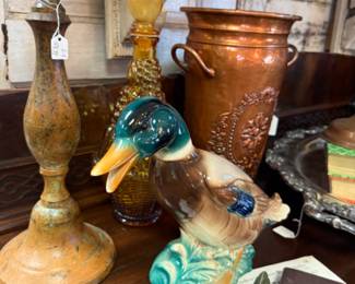 Vintage Duck planter, candlesticks, copper vase, gorgeous, large silver footed tray