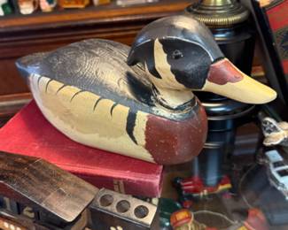 Vintage carved and hand painted wood duck signed: KM