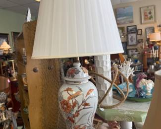 Large Ginger Jar Lamp with handprinted floral scene 