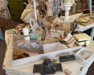 boutique hats, accessories, beautiful wooden shabby chic table
