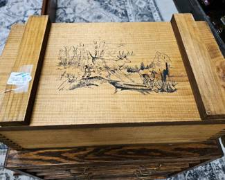wood crate with deer scene