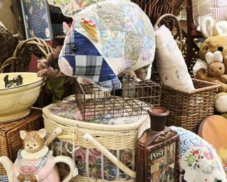 quilted pig, vintage sewing box, vintage decanter