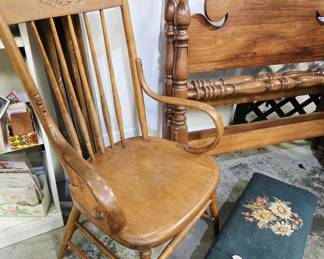 American press-back chair and needlepoint footstool