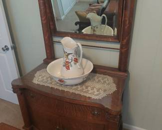Tiger Oak Washstand with Pillar - Mount Mirror