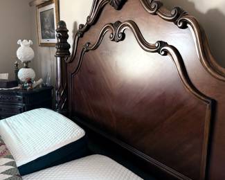 Carved dark wood king  bed frame with split electric raising mattresses