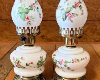 Antique hand painted milk glass lamps