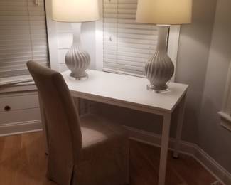 Parsons chair; desk table; table lamps