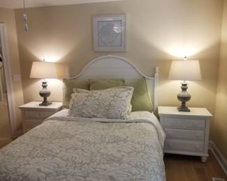 Queen bed; 3-drawer nightstands; table lamps