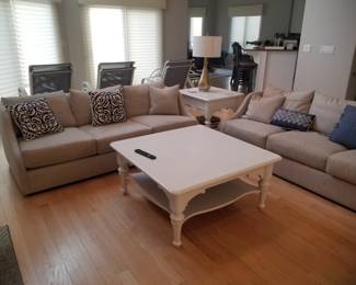 Cozy couches; coastal chic coffee table