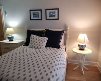 Queen bed; nightstand; table; matching table lamps
