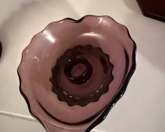 Amethyst dishes with serving pieces and tall vase