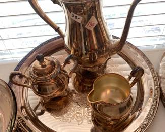 #130	Oneida 4 piece silver tea set with sugar/cream/tray	 $30.00 
