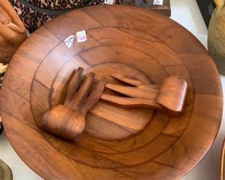 #120	Burl walnut turned bowl with 2 salad servers 	 $25.00 

