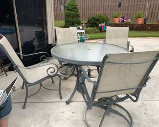 #82	round aluminum  table with 2 bouncy and 2 stationary chairs 48x29	 $100.00 
