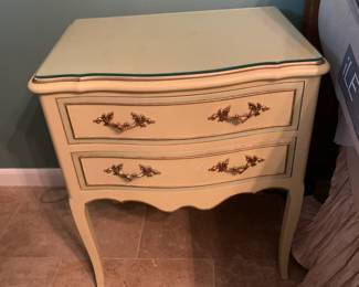 #33	French Provincial Yellow Painted End Table w/glass Protect w/2 drawers - 22x16x25	 $40.00 
