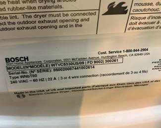 #47	Bosch Front Load Washer & Dryer w/pedestal - Model WFVC5440  Dryer - WTVC5330	 $300.00 
