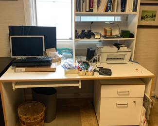 #40	White laminate Desk w/pull-out Keyboard w/2 Drawer rolling Filing Cabinet - 63x32x28 - Two Drawer Locking File Cabinet - 20x19x23 - Bookshelf - 32" Tall x 32" Wide	 $75.00 
