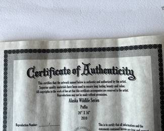 #150	Certifcated  Alaska widlife series Puffin 20x16 6/100 	 $100.00 
