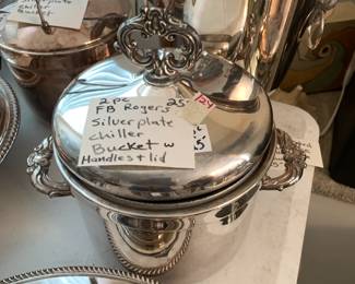 #124	Roger silver plate 3 piece ice bucket with handles and lid 	 $25.00 
