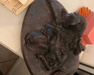 #114	Largo bronze /ceramic statue of Lady with her 1st born horse as is chip on base with tag 	 $75.00 

