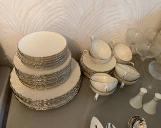 #107	Lenox Weatherly 8 place setting white China with silver edge with salt/pepper 46 pieces	 $120.00 
