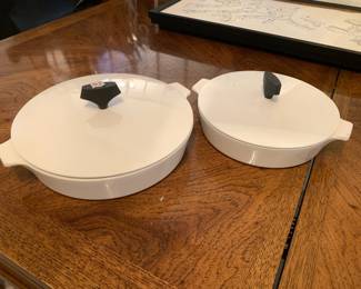 #106	2 vintage Buffet server casserole dishes by corning ware  white 8 inch and 10 inch 	 $45.00 

