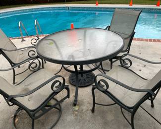 #82	round aluminum  table with 2 bouncy and 2 stationary chairs 48x29	 $100.00 
