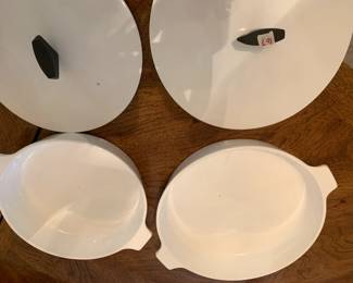 #106	2 vintage Buffet server casserole dishes by corning ware  white 8 inch and 10 inch 	 $45.00 
