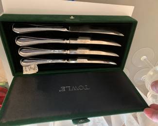 #108	8 Towle simersmiths Beaded antique steak knifes 9.25 inch in box of 4 	 $30.00 
