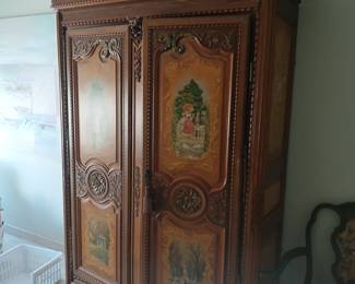 17 th c handmade cabinet it's made on french for official person  & being  painted on 1960.by very well-known artist in USA IT CAN BE PART OF THE BEDROOM OR  IT CAN BE SOLD BY ITSELF.
 SIGN on inside door.
It's been important to USA by French embassy at 1940 