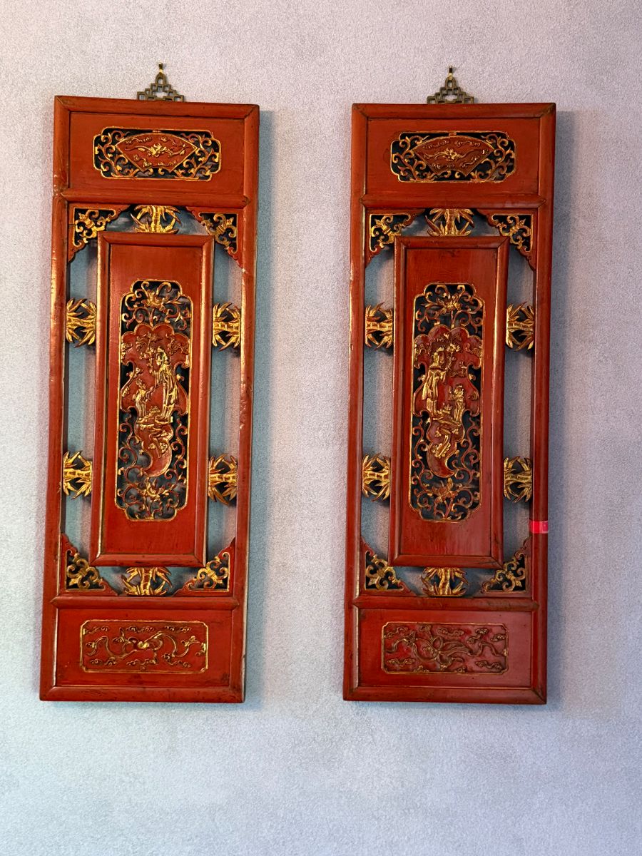 Pair of vintage Asian wood carved panels 