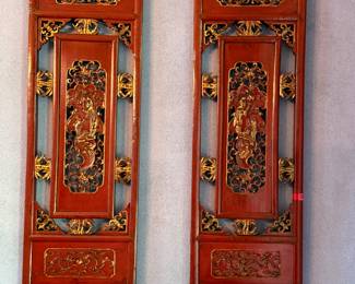 Pair of vintage Asian wood carved panels 