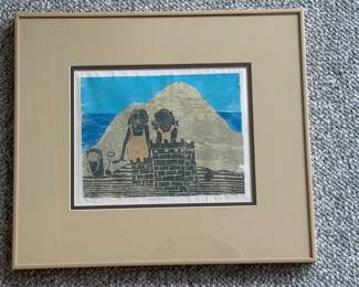 Framed and signed Durante 1975 block print - "Sandcastle"