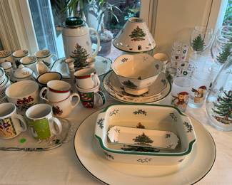 Collection of Spode Christmas Tree- serving pieces, place settings, glassware
