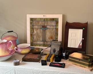 Vintage cameras and stained glass