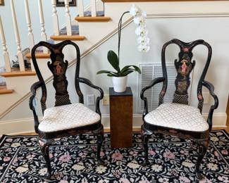 Pair of Drexel Furniture Chinoiserie chairs and plant stand