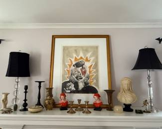 Custom framed art, sterling candlesticks, brass vases, studio pottery