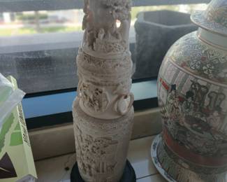 1920 2pc s hand carvd 18' inch tall by 7' inch wide bone  vase / jar
