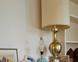 Brass lamp, soup tureen, pictures