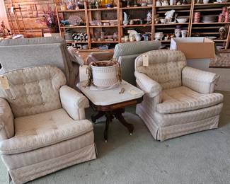 Pair 0f chairs, marble top table