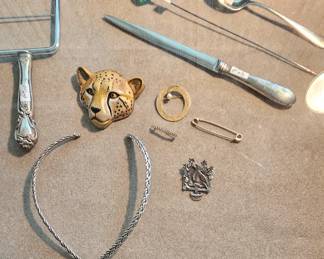 Costume, Karat and sterling jewelry and cake cutter