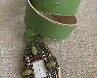 Leather Rock Green  Jeweled Western Buckle Belt